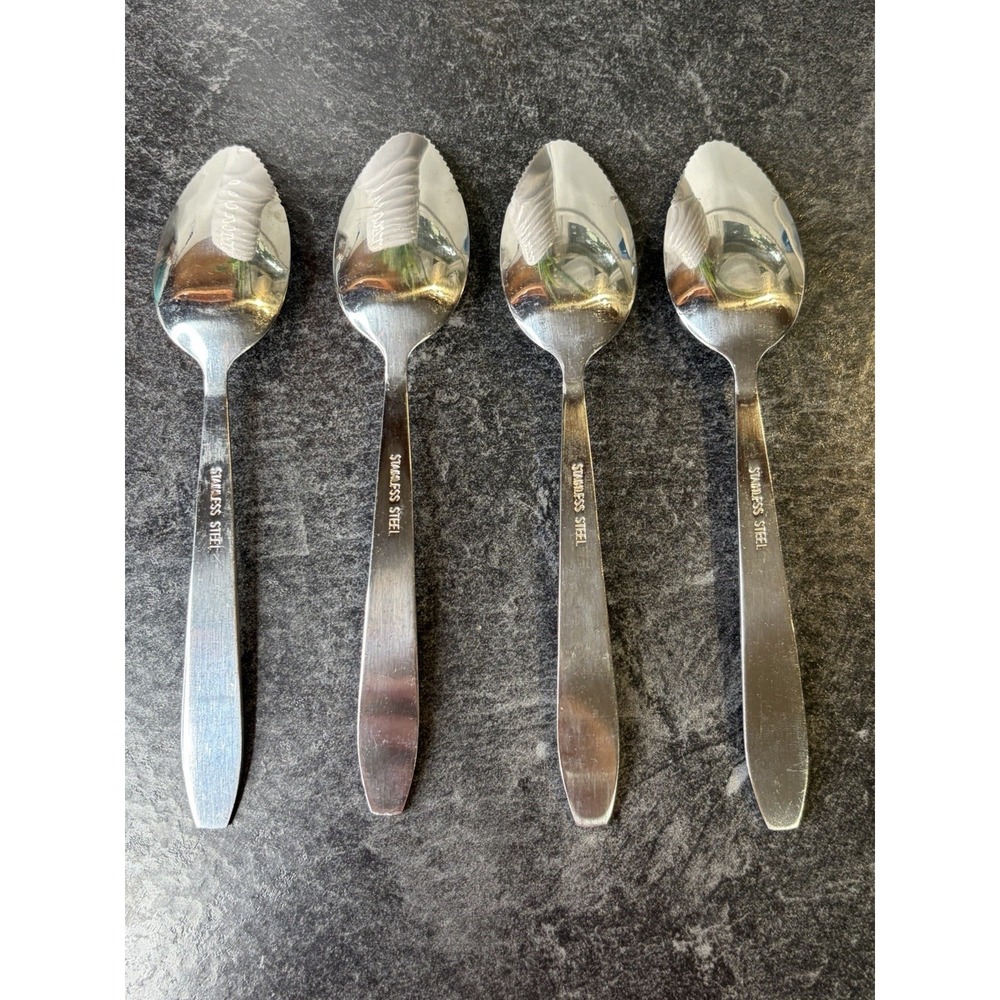 Vintage‎ MCM Matte Stainless Steel Serrated 6" Grapefruit Spoons Set Of 4 - Picture 2 of 3